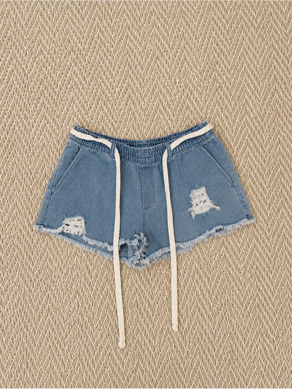 Aerie Blue Distressed Denim Drawstring Shorts with Frayed Hem